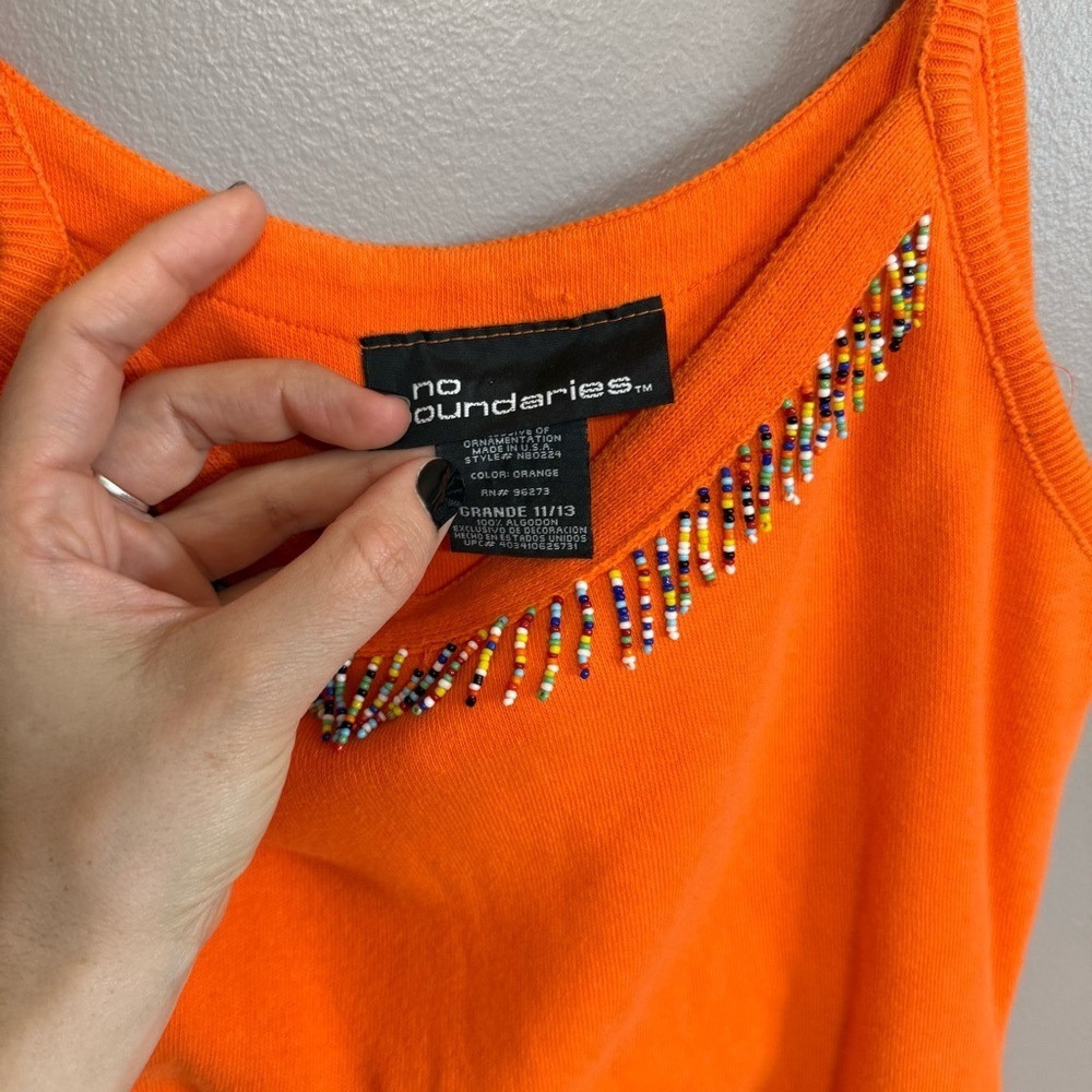 Y2K No Boundaries Orange Knit Festival Tank Top Beaded Tassel Neckline Large - Picture 4 of 5